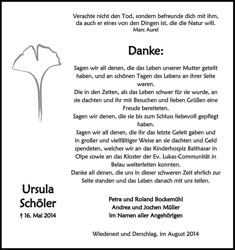  Traueranzeige für Ursula Schöler vom 02.08.2014 aus Kölner Stadt-Anzeiger / Kölnische Rundschau / Express