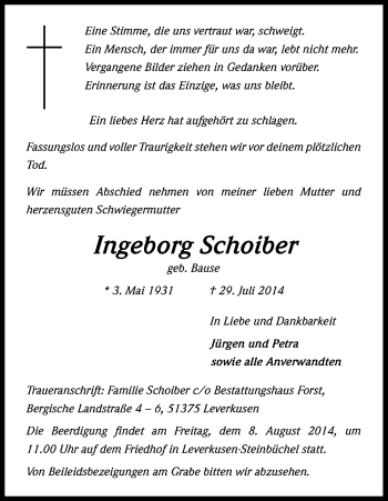 Anzeige von Ingeborg Schoiber von Kölner Stadt-Anzeiger / Kölnische Rundschau / Express