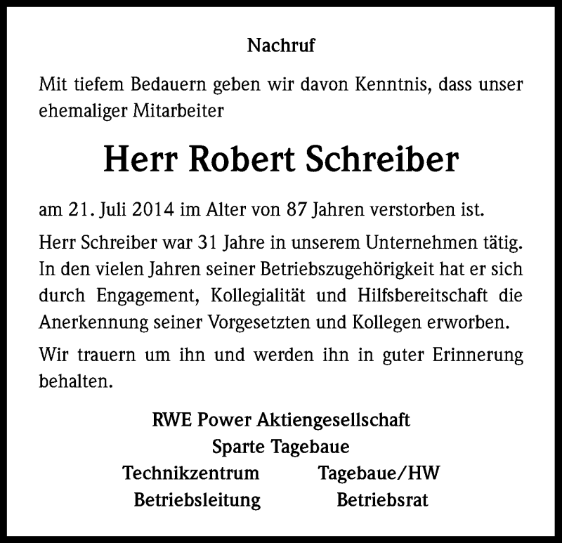 Traueranzeige für Robert Schreiber vom 01.08.2014 aus Kölner Stadt-Anzeiger / Kölnische Rundschau / Express