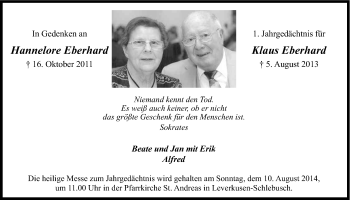 Anzeige von Hannelore und Klaus Eberhard von Kölner Stadt-Anzeiger / Kölnische Rundschau / Express
