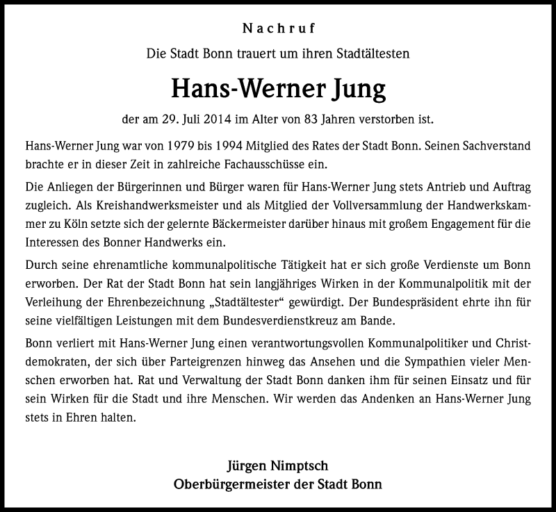  Traueranzeige für Hans-Werner Jung vom 02.08.2014 aus Kölner Stadt-Anzeiger / Kölnische Rundschau / Express