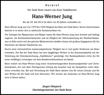 Anzeige von Hans-Werner Jung von Kölner Stadt-Anzeiger / Kölnische Rundschau / Express