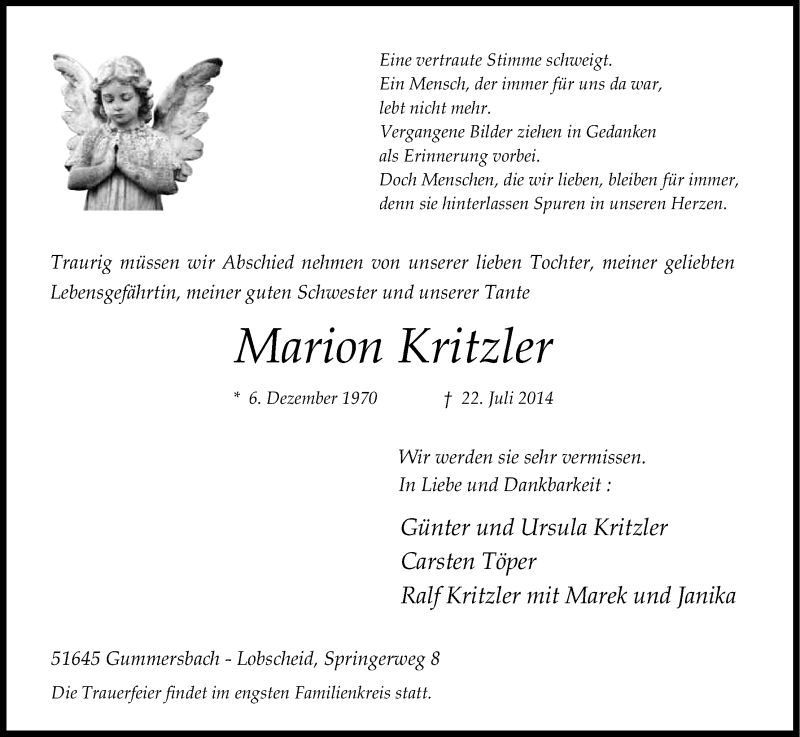  Traueranzeige für Marion Kritzler vom 02.08.2014 aus Kölner Stadt-Anzeiger / Kölnische Rundschau / Express
