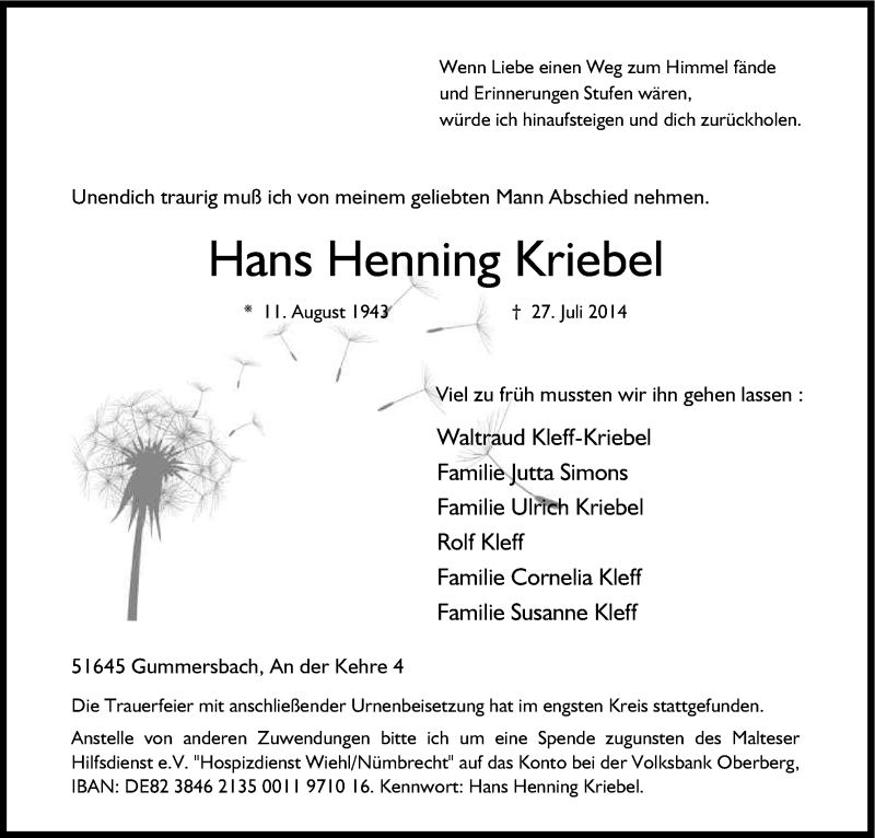  Traueranzeige für Hans Henning Kriebel vom 04.08.2014 aus Kölner Stadt-Anzeiger / Kölnische Rundschau / Express