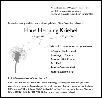 Anzeige von Hans Henning Kriebel von Kölner Stadt-Anzeiger / Kölnische Rundschau / Express