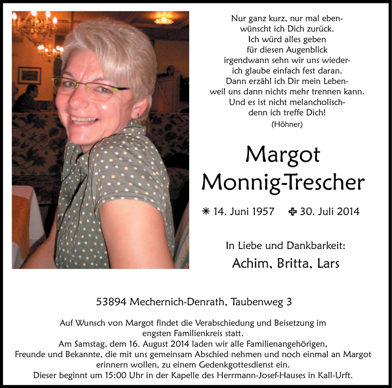  Traueranzeige für Margot Monnig-Trescher vom 06.08.2014 aus Kölner Stadt-Anzeiger / Kölnische Rundschau / Express