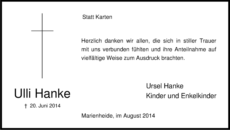  Traueranzeige für Ulrich Hanke vom 02.08.2014 aus Kölner Stadt-Anzeiger / Kölnische Rundschau / Express