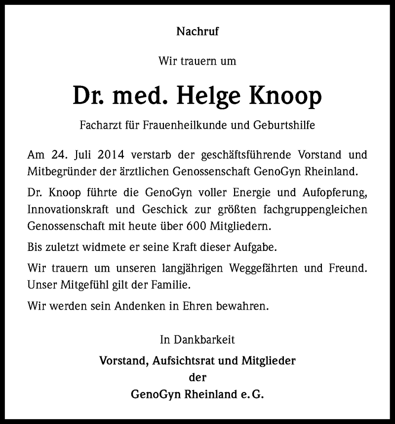  Traueranzeige für Helge Knoop vom 02.08.2014 aus Kölner Stadt-Anzeiger / Kölnische Rundschau / Express