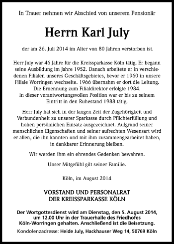 Anzeige von Karl July von Kölner Stadt-Anzeiger / Kölnische Rundschau / Express