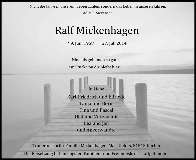 Traueranzeige für Ralf Mickenhagen vom 02.08.2014 aus Kölner Stadt-Anzeiger / Kölnische Rundschau / Express
