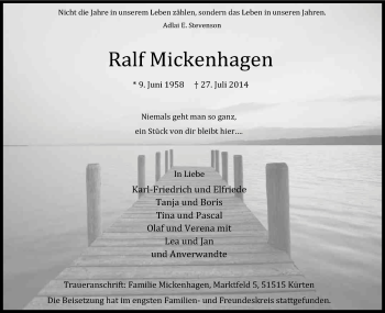 Anzeige von Ralf Mickenhagen von Kölner Stadt-Anzeiger / Kölnische Rundschau / Express