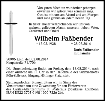 Anzeige von Wilhelm Faßbender von Kölner Stadt-Anzeiger / Kölnische Rundschau / Express