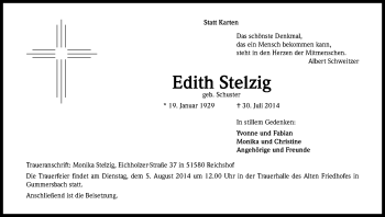 Anzeige von Edith Stelzig von Kölner Stadt-Anzeiger / Kölnische Rundschau / Express