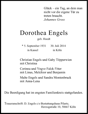 Anzeige von Dorothea Engels von Kölner Stadt-Anzeiger / Kölnische Rundschau / Express