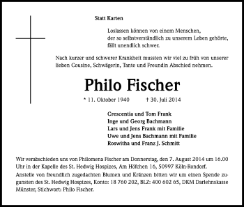 Anzeige von Philo Fischer von Kölner Stadt-Anzeiger / Kölnische Rundschau / Express