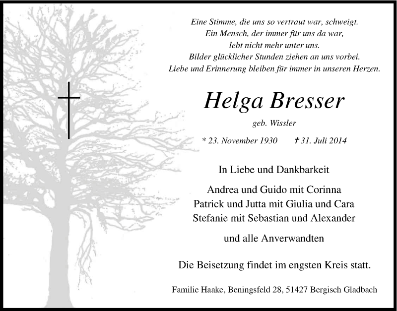  Traueranzeige für Helga Bresser vom 02.08.2014 aus Kölner Stadt-Anzeiger / Kölnische Rundschau / Express