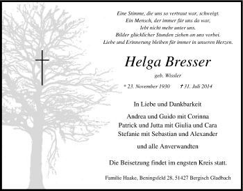 Anzeige von Helga Bresser von Kölner Stadt-Anzeiger / Kölnische Rundschau / Express