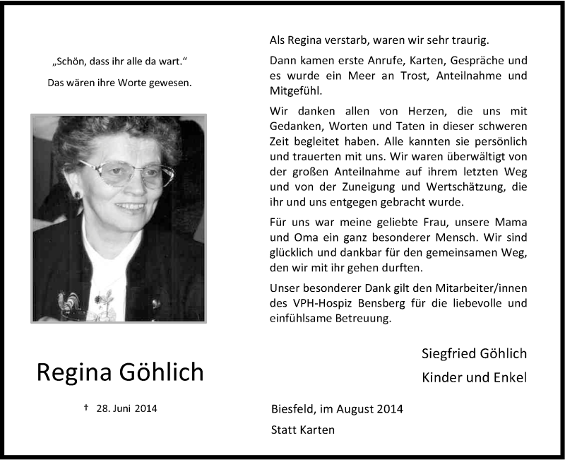  Traueranzeige für Regina Göhlich vom 02.08.2014 aus Kölner Stadt-Anzeiger / Kölnische Rundschau / Express