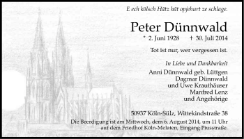 Anzeige von Peter Dünnwald von Kölner Stadt-Anzeiger / Kölnische Rundschau / Express