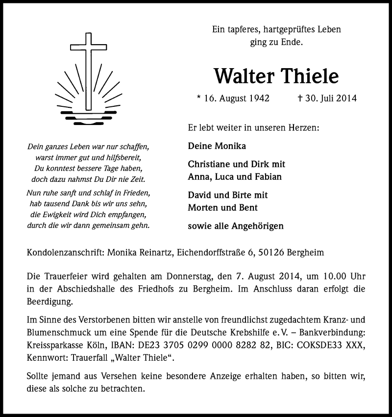  Traueranzeige für Walter Thiele vom 02.08.2014 aus Kölner Stadt-Anzeiger / Kölnische Rundschau / Express