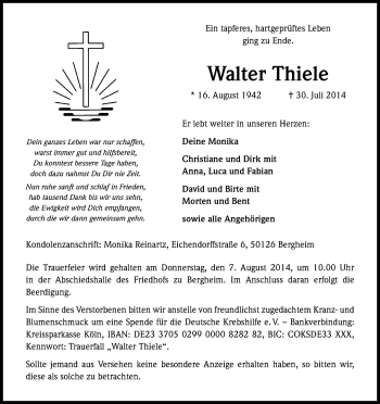 Anzeige von Walter Thiele von Kölner Stadt-Anzeiger / Kölnische Rundschau / Express