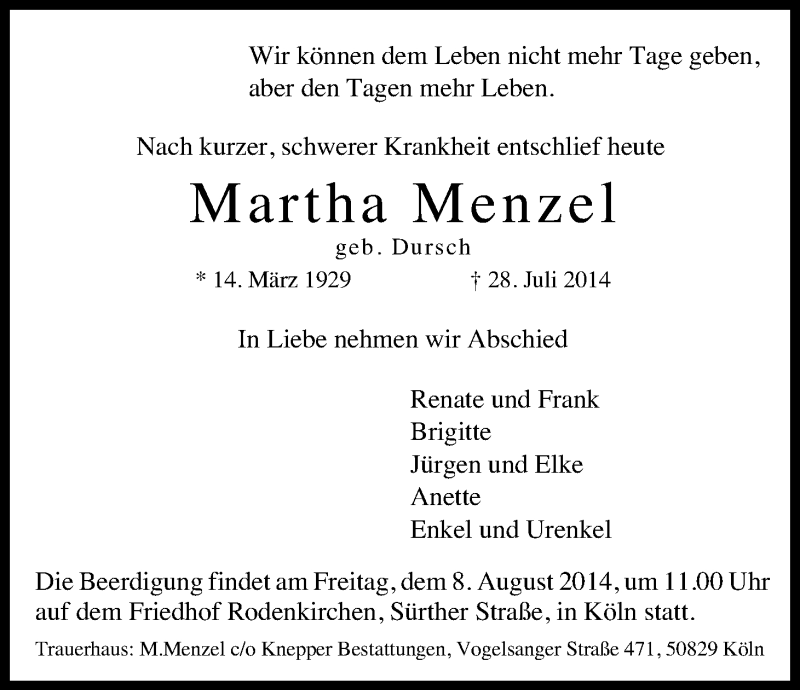  Traueranzeige für Martha Menzel vom 02.08.2014 aus Kölner Stadt-Anzeiger / Kölnische Rundschau / Express