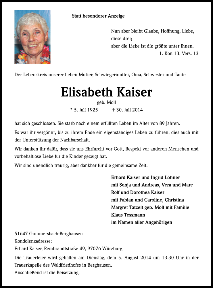  Traueranzeige für Elisabeth Kaiser vom 02.08.2014 aus Kölner Stadt-Anzeiger / Kölnische Rundschau / Express