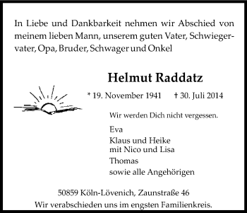 Anzeige von Helmut Raddatz von Kölner Stadt-Anzeiger / Kölnische Rundschau / Express