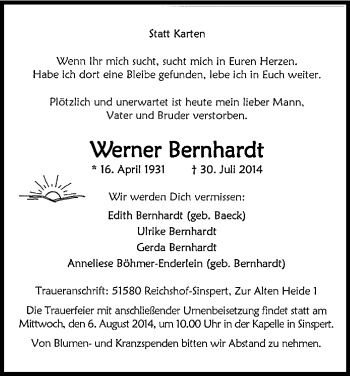 Anzeige von Werner Bernhardt von Kölner Stadt-Anzeiger / Kölnische Rundschau / Express