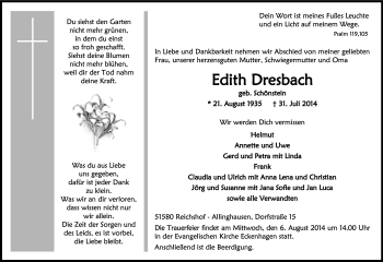 Anzeige von Edith Dresbach von Kölner Stadt-Anzeiger / Kölnische Rundschau / Express