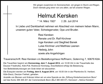 Anzeige von Helmut Kersken von Kölner Stadt-Anzeiger / Kölnische Rundschau / Express