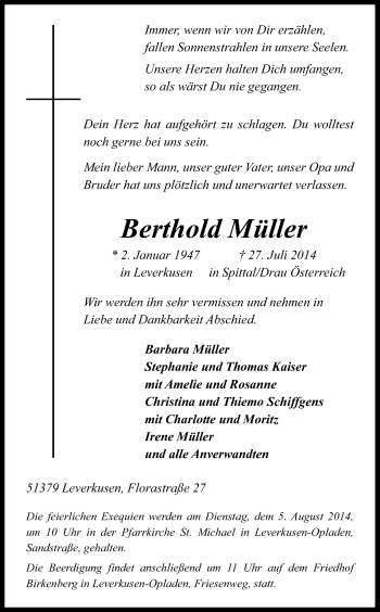 Anzeige von Berthold Müller von Kölner Stadt-Anzeiger / Kölnische Rundschau / Express
