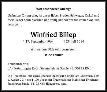 Anzeige von Winfried Billep von Kölner Stadt-Anzeiger / Kölnische Rundschau / Express