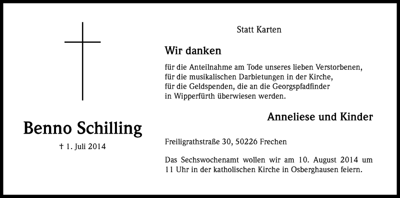  Traueranzeige für Benno Schilling vom 02.08.2014 aus Kölner Stadt-Anzeiger / Kölnische Rundschau / Express