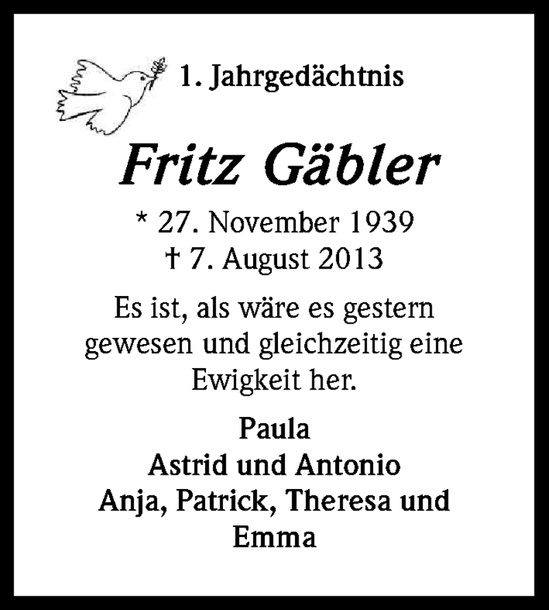  Traueranzeige für Fritz Gäbler vom 07.08.2014 aus Kölner Stadt-Anzeiger / Kölnische Rundschau / Express