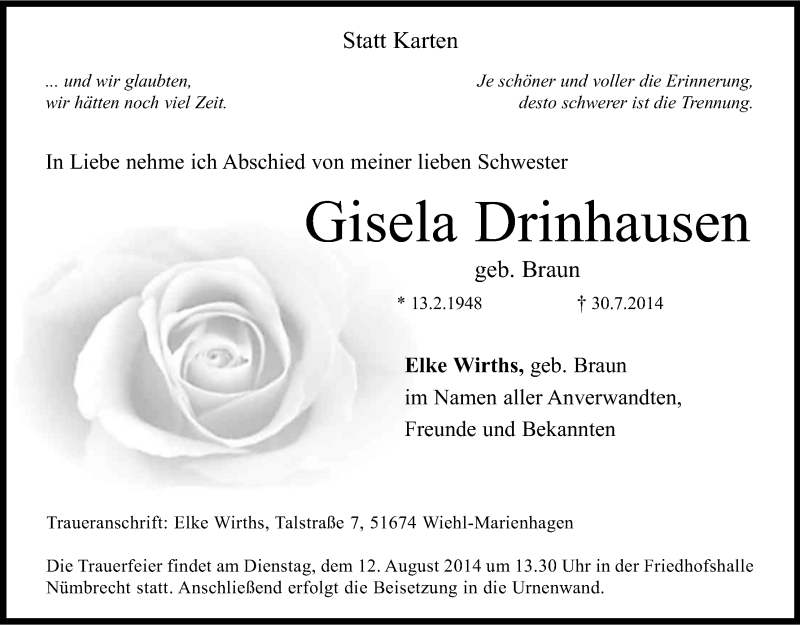  Traueranzeige für Gisela Drinhausen vom 02.08.2014 aus Kölner Stadt-Anzeiger / Kölnische Rundschau / Express