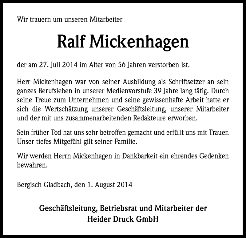  Traueranzeige für Ralf Mickenhagen vom 02.08.2014 aus Kölner Stadt-Anzeiger / Kölnische Rundschau / Express