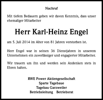 Anzeige von Karl-Heinz Engel von Kölner Stadt-Anzeiger / Kölnische Rundschau / Express
