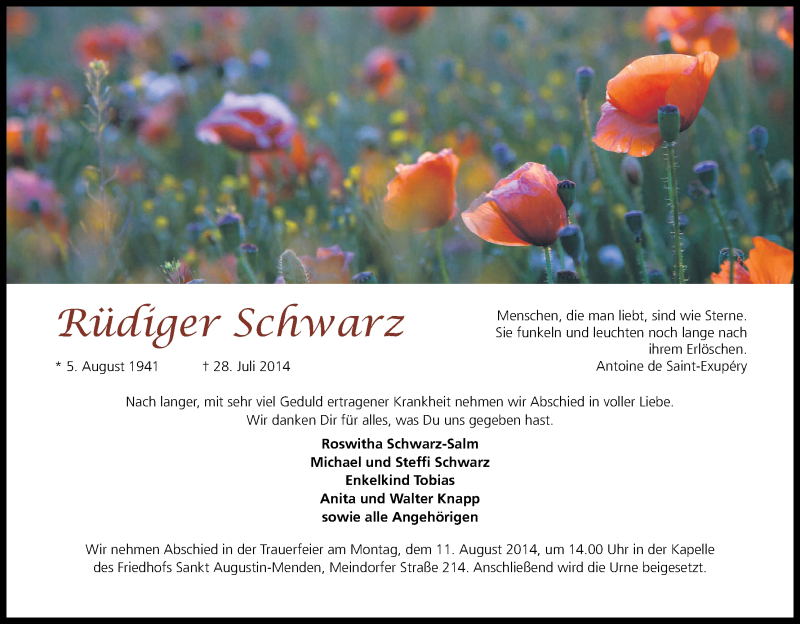 Traueranzeige für Rüdiger Schwarz vom 02.08.2014 aus Kölner Stadt-Anzeiger / Kölnische Rundschau / Express