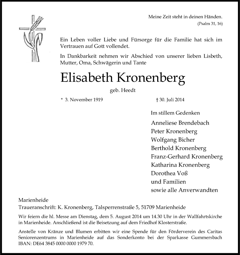  Traueranzeige für Elisabeth Kronenberg vom 02.08.2014 aus Kölner Stadt-Anzeiger / Kölnische Rundschau / Express