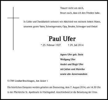Anzeige von Paul Ufer von Kölner Stadt-Anzeiger / Kölnische Rundschau / Express