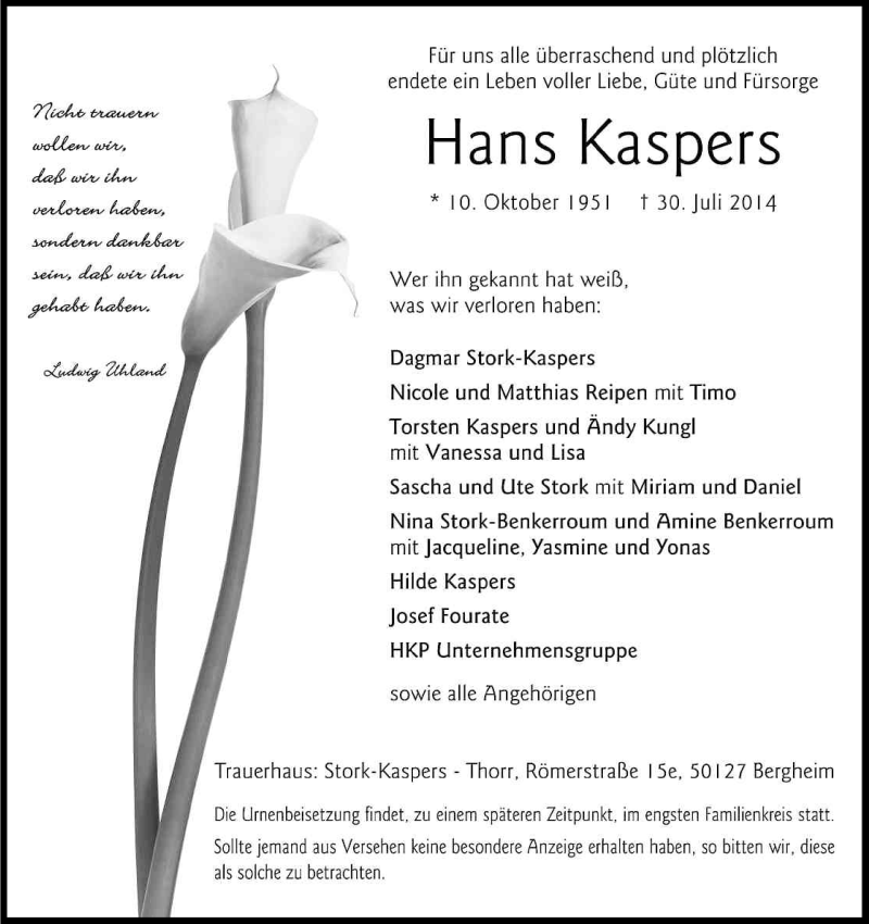  Traueranzeige für Hans Kaspers vom 02.08.2014 aus Kölner Stadt-Anzeiger / Kölnische Rundschau / Express