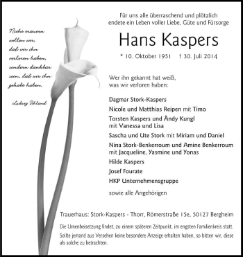 Anzeige von Hans Kaspers von Kölner Stadt-Anzeiger / Kölnische Rundschau / Express