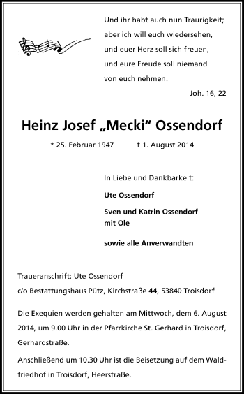 Anzeige von Heinz Josef Ossendorf von Kölner Stadt-Anzeiger / Kölnische Rundschau / Express
