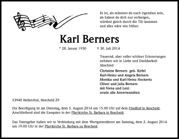Anzeige von Karl Berners von Kölner Stadt-Anzeiger / Kölnische Rundschau / Express