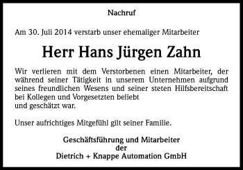 Anzeige von Hans Jürgen Zahn von Kölner Stadt-Anzeiger / Kölnische Rundschau / Express