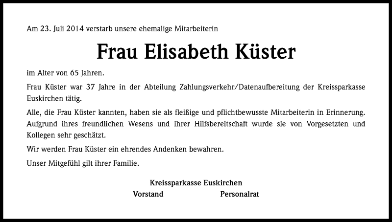  Traueranzeige für Elisabeth Küster vom 02.08.2014 aus Kölner Stadt-Anzeiger / Kölnische Rundschau / Express
