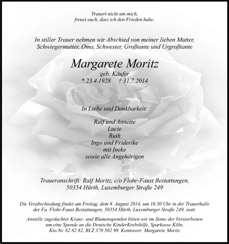  Traueranzeige für Margarete Moritz vom 06.08.2014 aus Kölner Stadt-Anzeiger / Kölnische Rundschau / Express