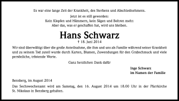 Anzeige von Hans Schwarz von Kölner Stadt-Anzeiger / Kölnische Rundschau / Express
