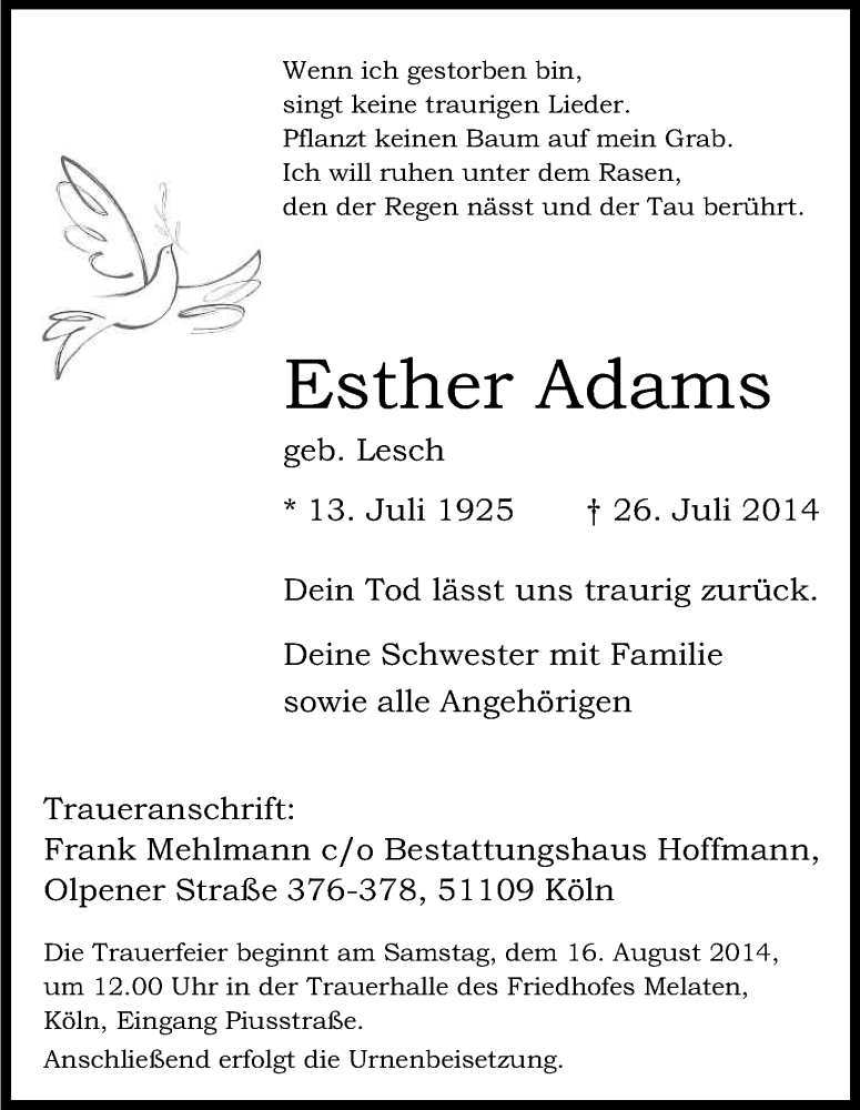  Traueranzeige für Esther Adams vom 09.08.2014 aus Kölner Stadt-Anzeiger / Kölnische Rundschau / Express